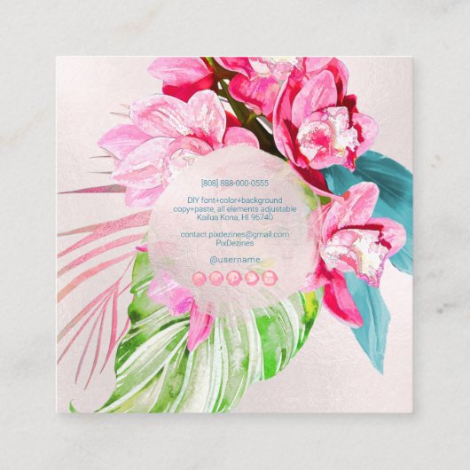 PixDezines水彩ピンクコナシンビジウム スクエア名刺 (裏面)