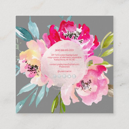 PixDezines水彩ピンク牡丹 スクエア名刺 (裏面)