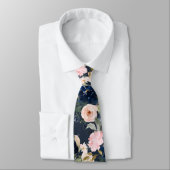 PixDezines水彩フラワーネイビーブルーピンクネック ネクタイ (タイ)