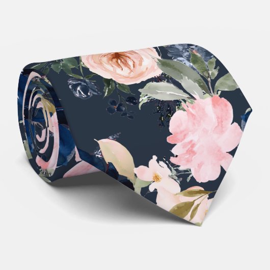 PixDezines水彩フラワーネイビーブルーピンクネック ネクタイ (ロール)