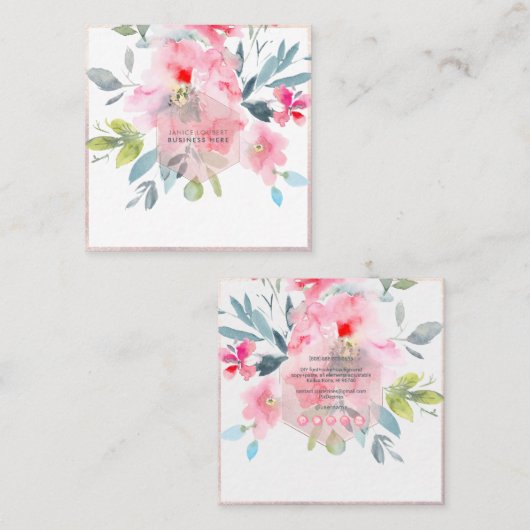 PixDezines水彩フラワーピンク赤面ハニカム スクエア名刺 (正面/裏面)