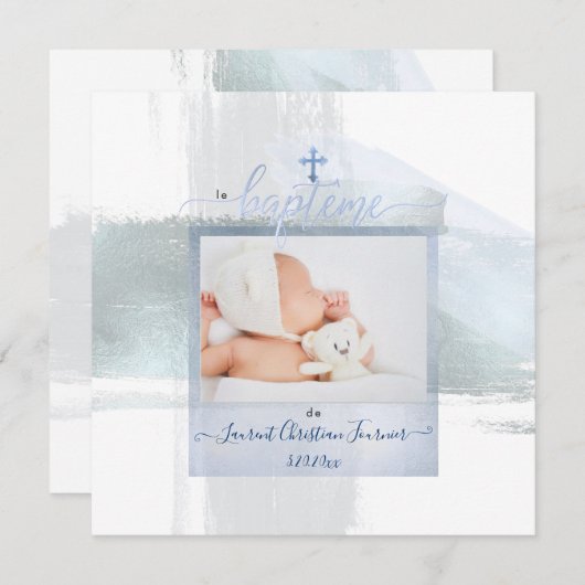 PixDezines水彩ブラシストローク、バプテメガルソン 招待状 (正面/裏面)