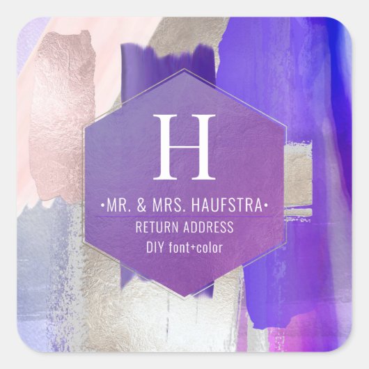 PixDezines水彩ブラシバイオレットシルバー赤面 スクエアシール (正面)