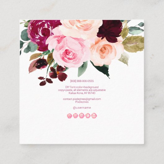 PixDezines水彩ブルゴーニュ赤面花 スクエア名刺 (裏面)
