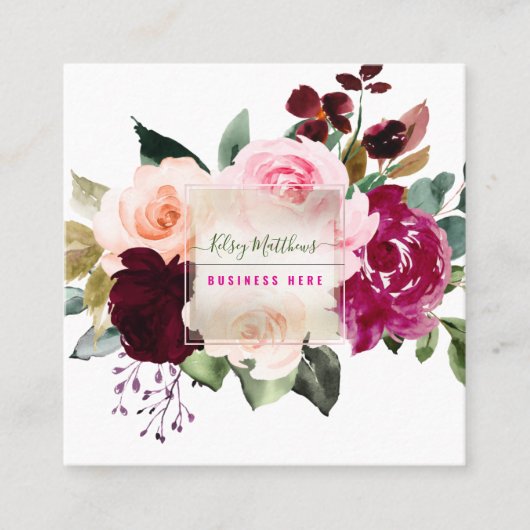 PixDezines水彩ブルゴーニュ赤面花 スクエア名刺 (正面)
