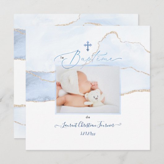 PixDezines水彩ブルーエアゲート、バプテメガルソン 招待状 (正面/裏面)