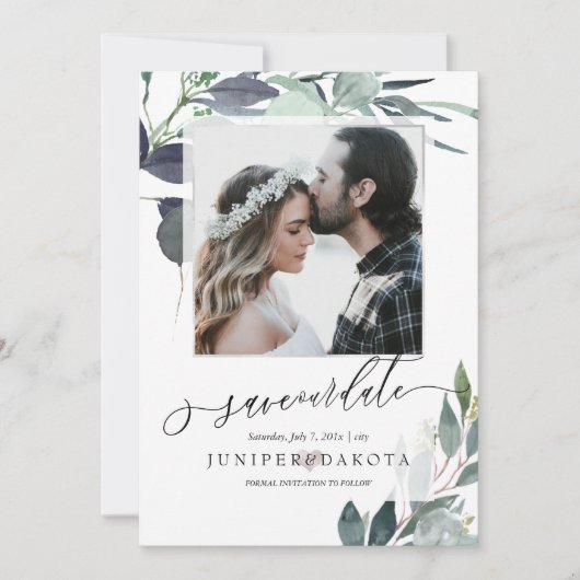 PixDezines水彩ブルーガムユーカリ写真 招待状 (正面)