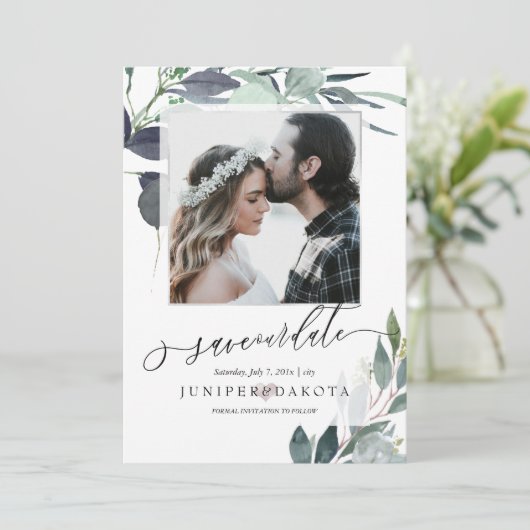 PixDezines水彩ブルーガムユーカリ写真 招待状 (スタンド正面)