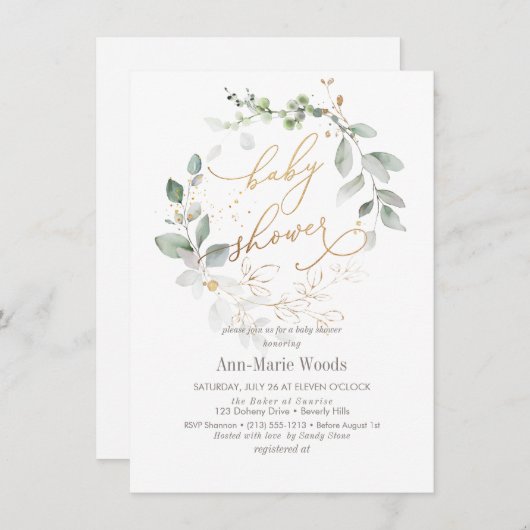 PixDezines水彩リースベビーシャワー 招待状 (正面/裏面)