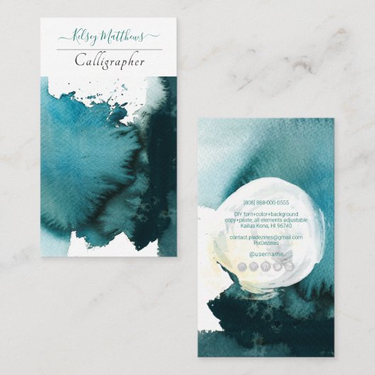 PixDezines水彩低下ティール（緑がかった色） 名刺 (正面/裏面)