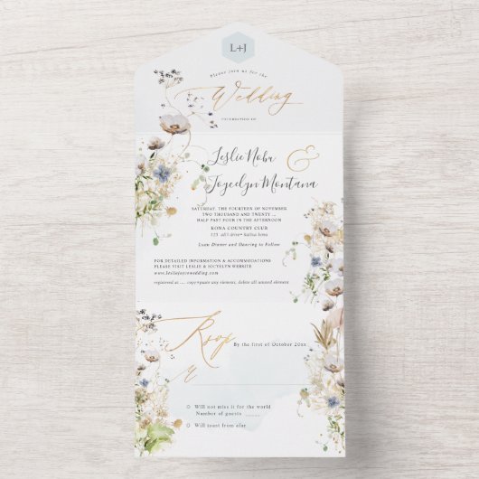 PixDezines水彩冬メドウズフラワー オールインワン招待状 (内側)