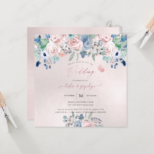 PixDezines水彩埃っぽいバラネイビー結婚ブルー 招待状 (正面/裏面インサイチュ)