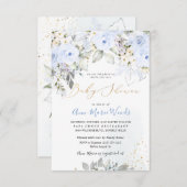 PixDezines水彩埃っぽい青いバラ赤ちゃんシャワー 招待状 (正面/裏面)