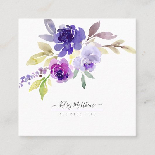 PixDezines水彩夏のバラ、紫バイオレット スクエア名刺 (正面)