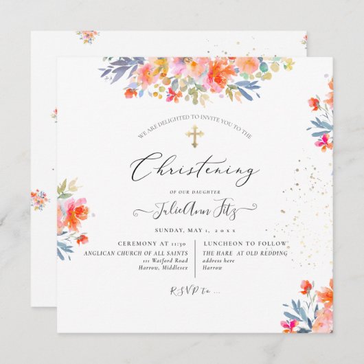PixDezines水彩夏バラ《キリスト教》洗礼式や命名式 招待状 (正面/裏面)