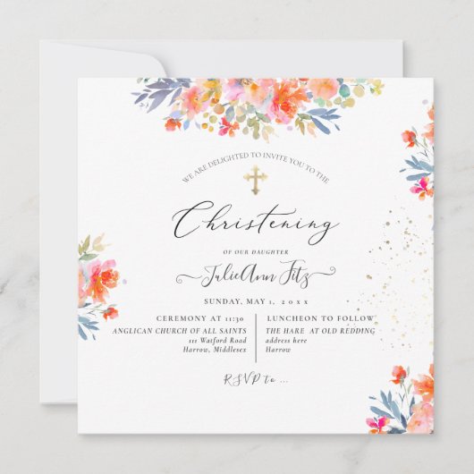 PixDezines水彩夏バラ《キリスト教》洗礼式や命名式 招待状 (正面)