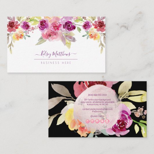 PixDezines水彩夏バラ 名刺 (正面/裏面)