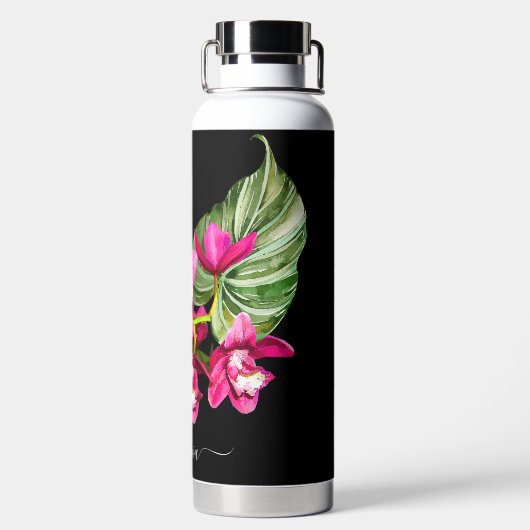 PixDezines水彩暗い赤紫色シンビジウムオーキッド ウォーターボトル (背面)