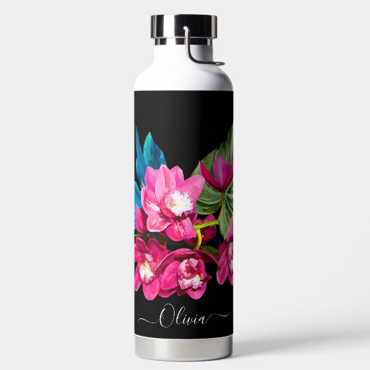 PixDezines水彩暗い赤紫色シンビジウムオーキッド ウォーターボトル (左面)
