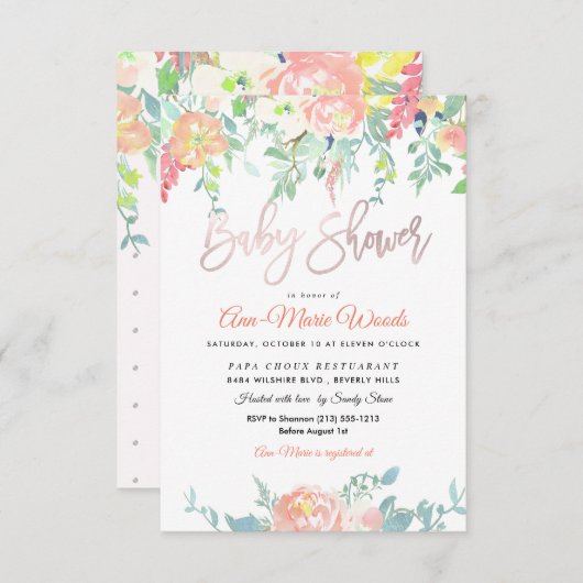 PixDezines水彩桃の牡丹ベビーシャワー 招待状 (正面/裏面)