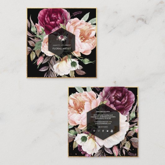 PixDezines水彩牡丹広場ビジネスカード スクエア名刺 (正面/裏面)
