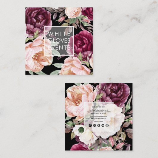 PixDezines水彩牡丹赤面ブルゴーニュ スクエア名刺 (正面/裏面)