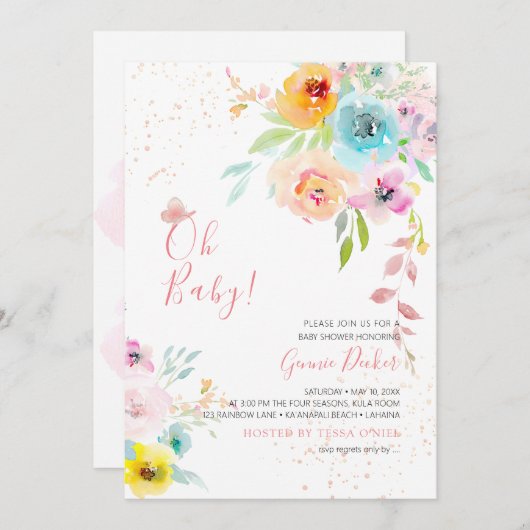 PixDezines水彩牡丹DIYイベント赤ちゃんシャワー 招待状 (正面/裏面)