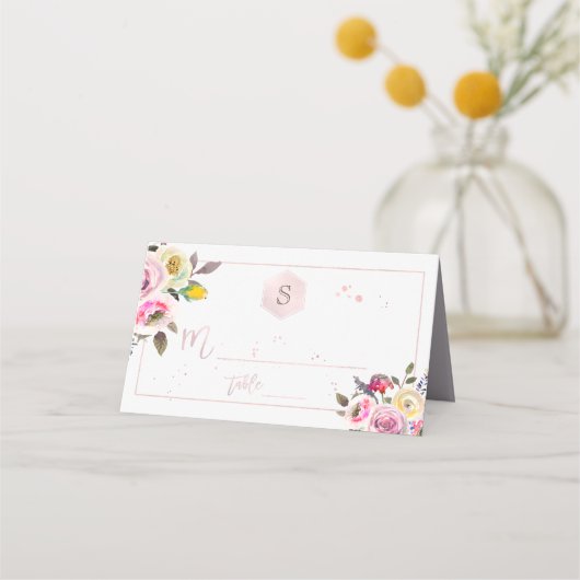 PixDezines水彩画バルミツワー、パステルバラ プレイスカード (正面)