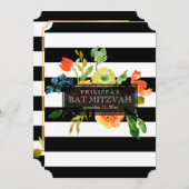 PixDezines水彩画/フローラ/ストライプバルミツワー 招待状 (正面/裏面)