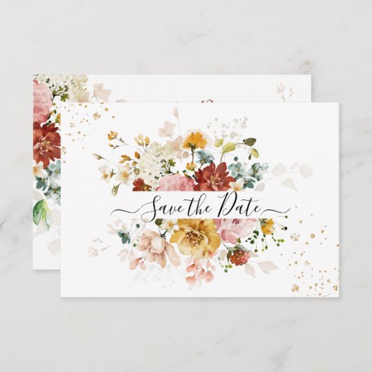 PixDezines水彩秋ガーデンフラワー セーブザデート (正面/裏面)