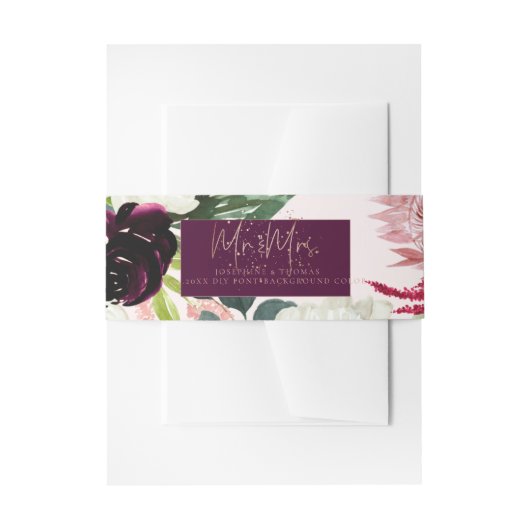 PixDezines水彩素朴開花、ブルゴーニュ+赤面 招待状ベリーバンド (正面例)