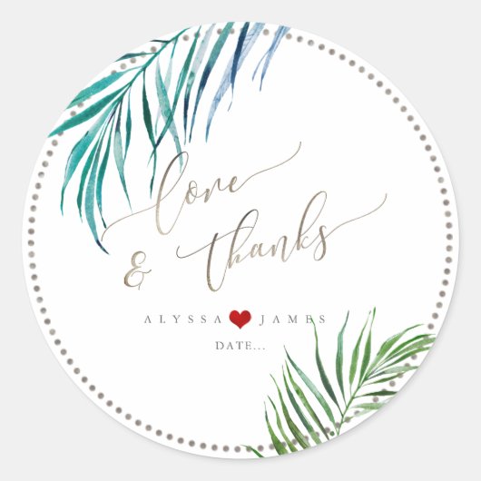 PixDezines水彩緑，トロピカルパーム ラウンドシール (正面)
