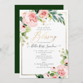 PixDezines水彩繊細な赤面開花バプテスマ 招待状 (正面/裏面)