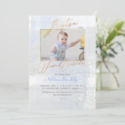 PixDezines水彩艶消しバプテスマ2nd誕生日 招待状 (スタンド正面)