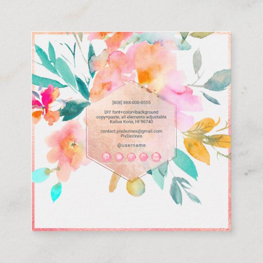 PixDezines水彩花ガーデンバラ スクエア名刺 (裏面)