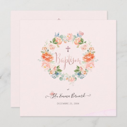 PixDezines水彩花ピーチバプテスマ 招待状 (正面/裏面)