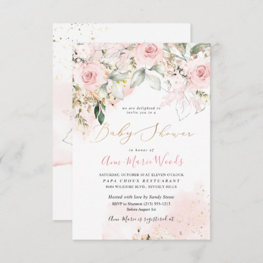 PixDezines水彩赤面バラベビーシャワー 招待状 (正面/裏面)