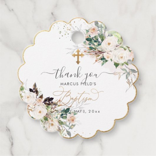 PixDezines水彩赤面ピンクのバラBaptism フェイバータグ (正面)