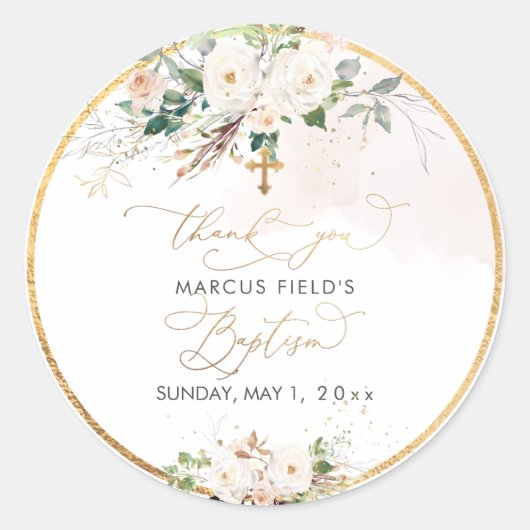 PixDezines水彩赤面ピンクのバラBaptism ラウンドシール (正面)