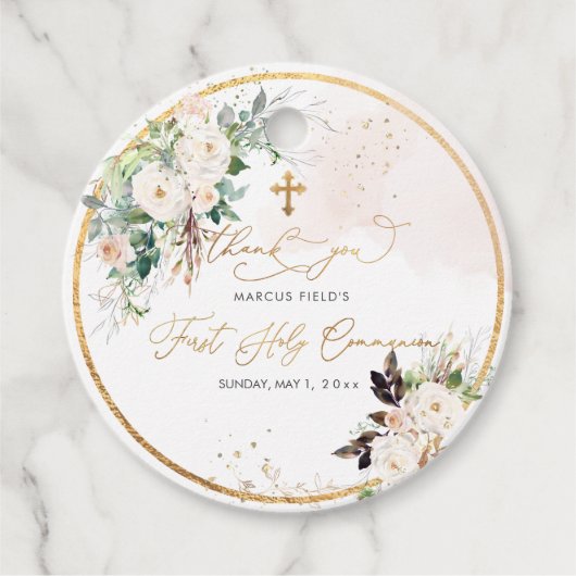 PixDezines水彩赤面ピンクのバラCommunion フェイバータグ (正面)