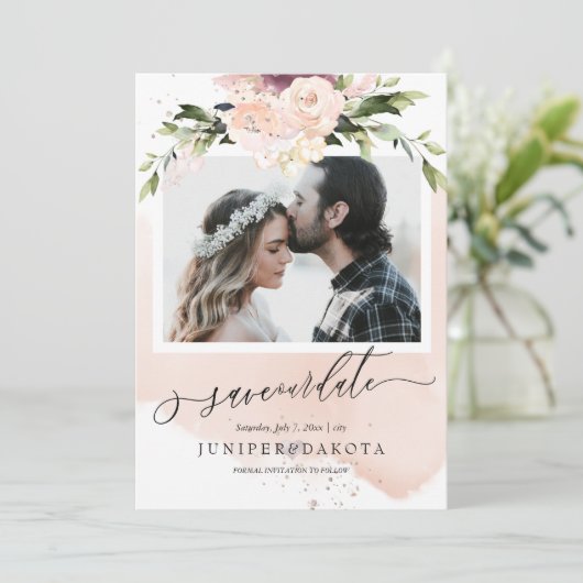 PixDezines水彩赤面ピンクダスティーバラ 招待状 (スタンド正面)