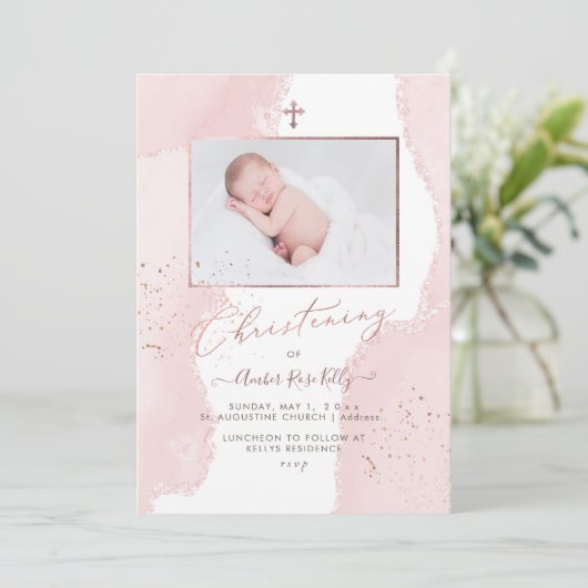PixDezines水彩赤面ピンク《キリスト教》洗礼式や命名式 招待状 (スタンド正面)