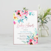 PixDezines水彩、ピンクのランナキュラス赤ちゃんシャワー 招待状 (スタンド正面)
