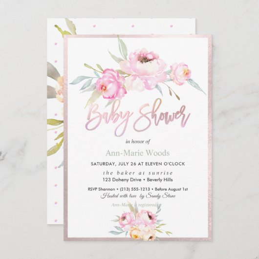 PixDezines水彩、ピンクの牡丹ベビーシャワー 招待状 (正面/裏面)