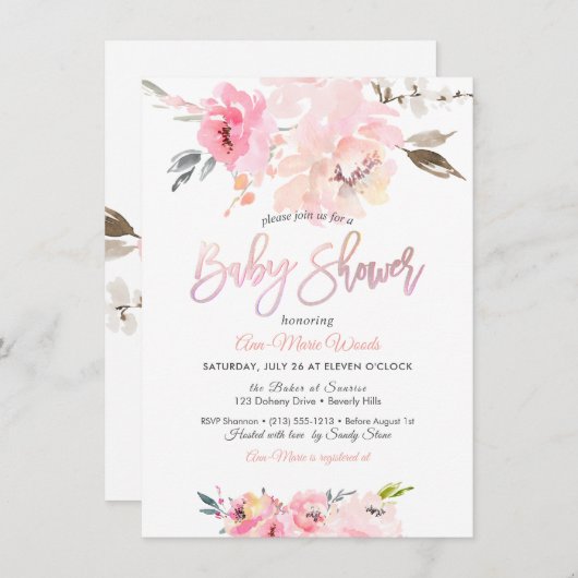 PixDezines水彩、ピンク色の牡丹ベビーシャワー 招待状 (正面/裏面)