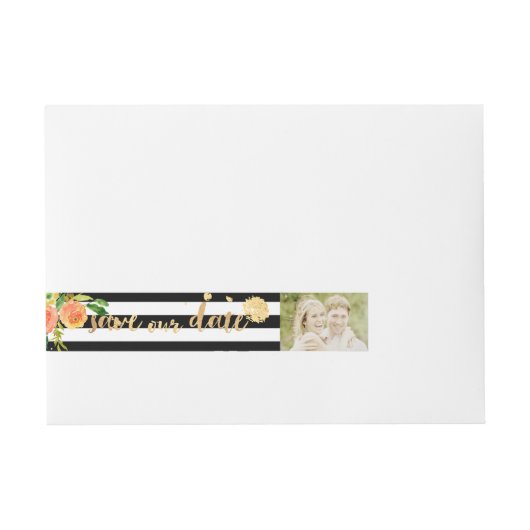 PixDezines水彩/フローラ/ストライプ金ゴールド ラップアラウンド宛名ラベル (正面)