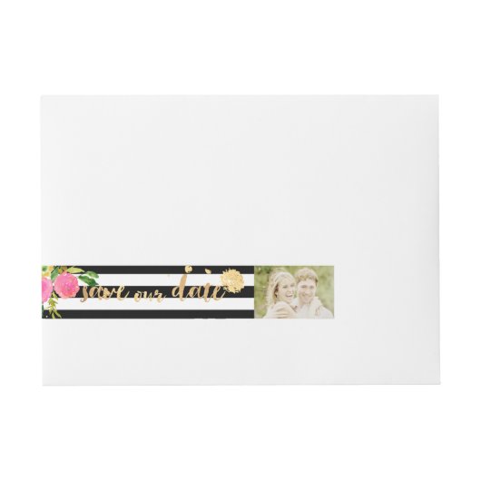 PixDezines水彩/フローラ/ストライプ金ゴールド ラップアラウンド宛名ラベル (正面)