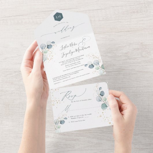 PixDezines水素朴色ブルーガムユーカリA オールインワン招待状 (貼ってはがせる)