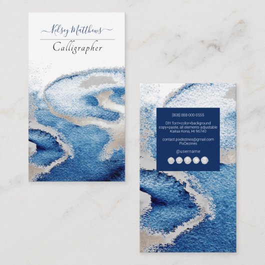 PixDezines水色モダン波、青+シルブ 名刺 (正面/裏面)