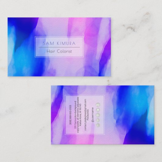 PixDezines水色モダン波、青+紫 名刺 (正面/裏面)